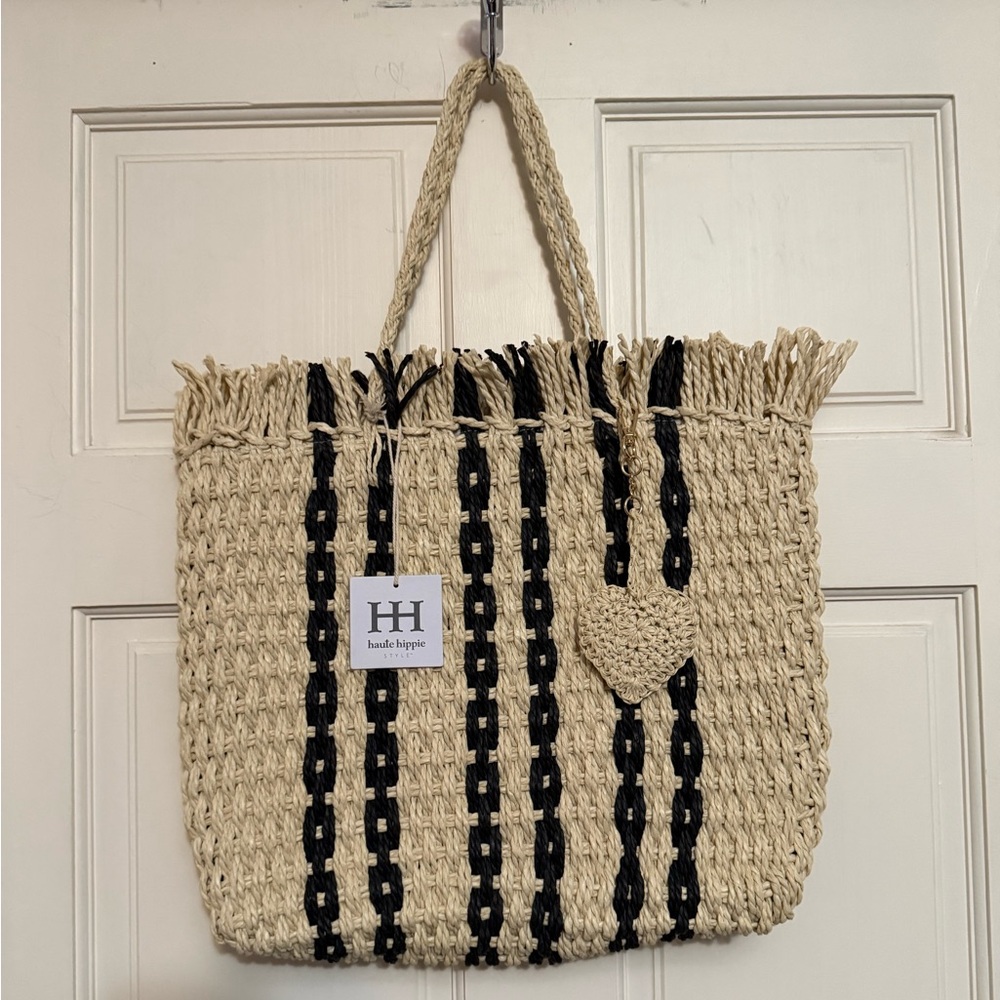Haute Hippie Tan and Black Woven Tote Bag with Fringe